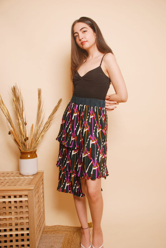 Multicolour plisse tiered midi skirt
