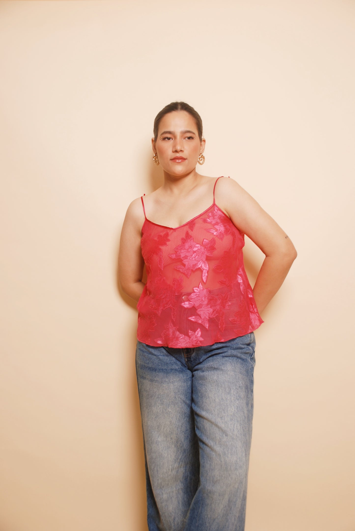 Pink floral spaghetti top