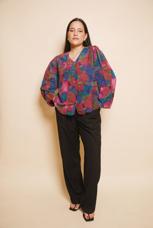 Multicolour printed blouse with puffed sleeves
