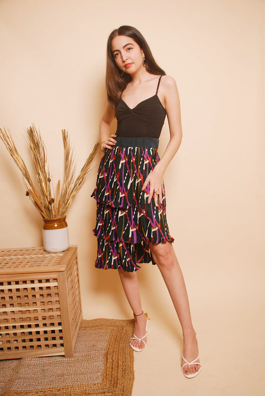 Multicolour plisse tiered midi skirt