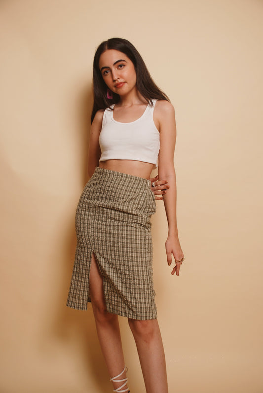 Green checkered textured midi skirt