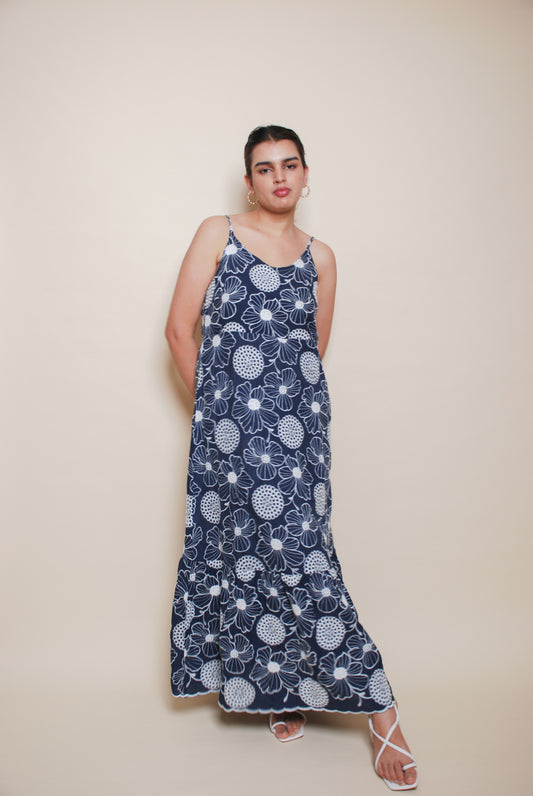 Navy blue and white floral maxi dress