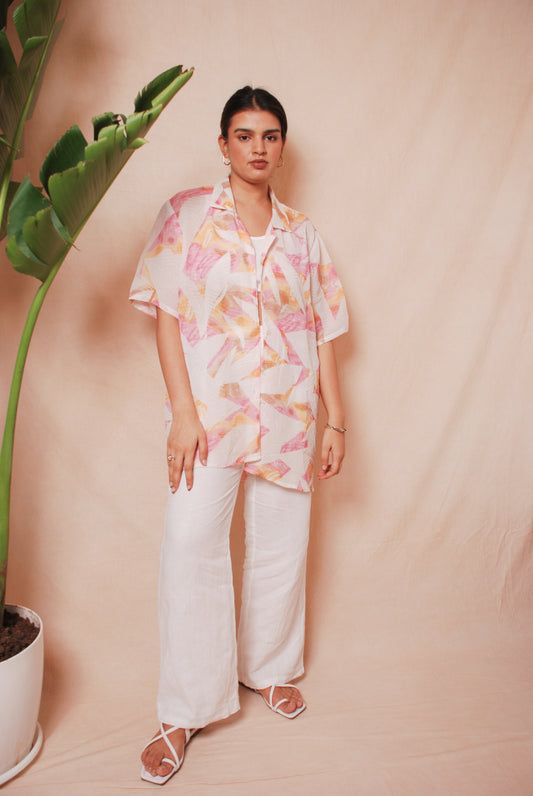 White & pink textured resort shirt
