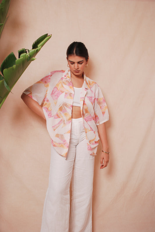 White & pink textured resort shirt