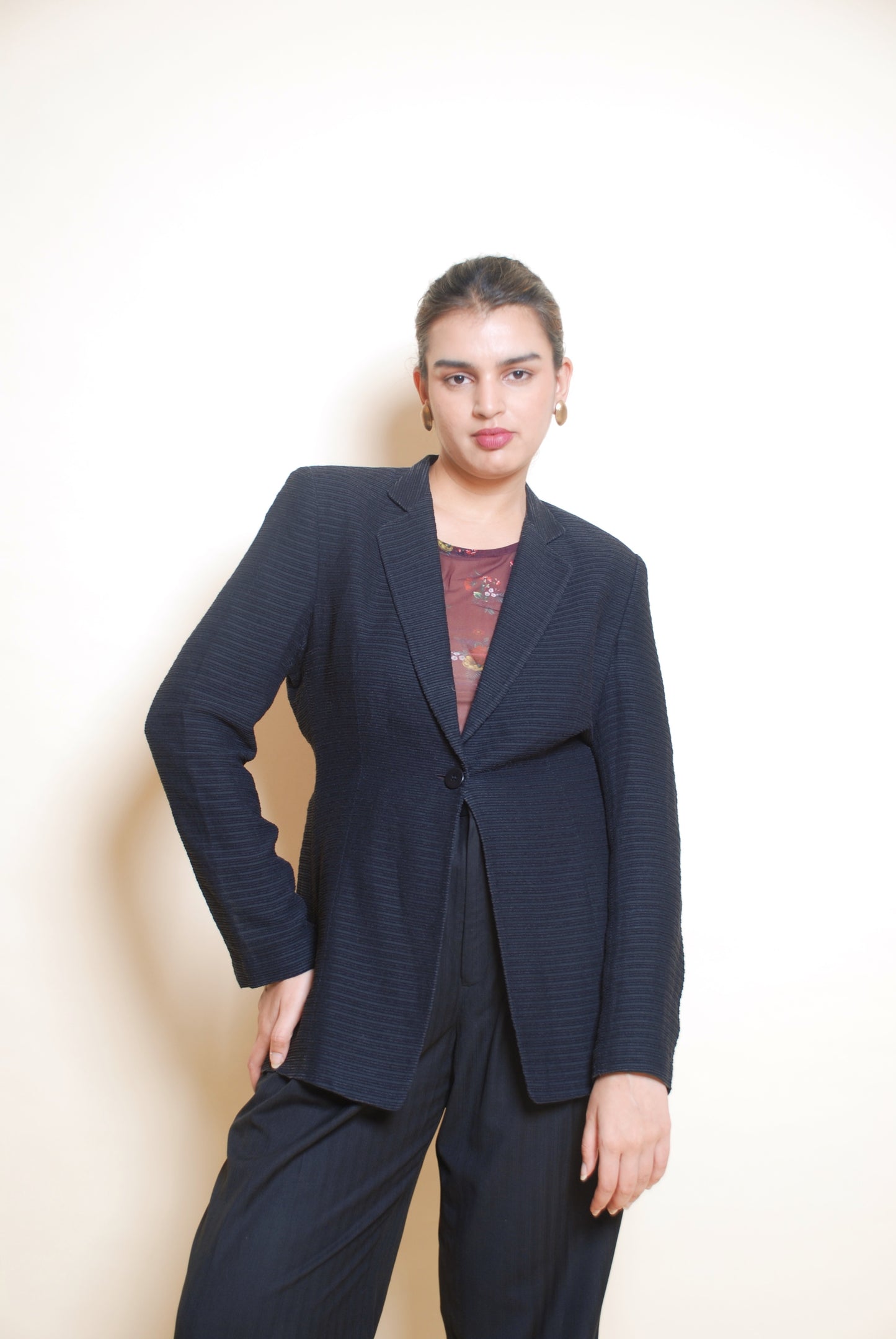 Black textured long blazer