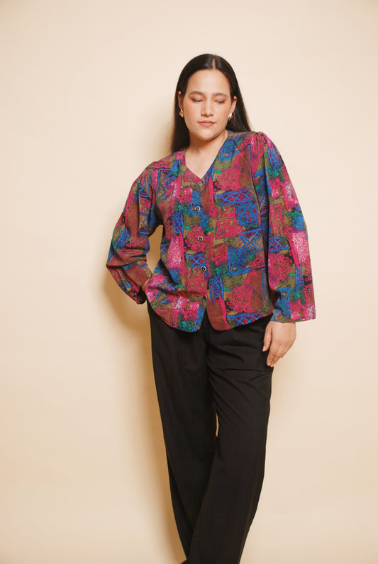 Multicolour printed blouse with puffed sleeves