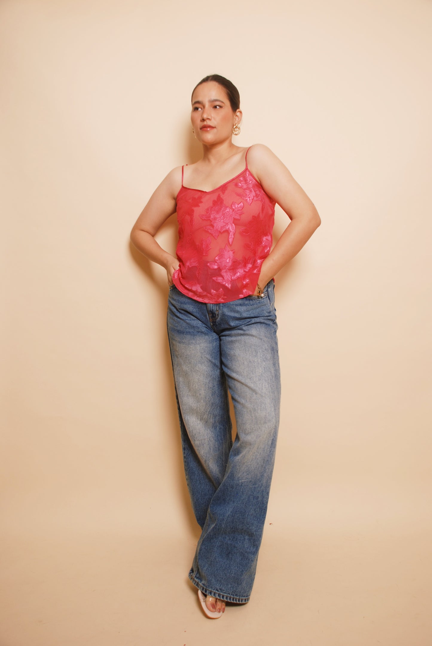 Pink floral spaghetti top