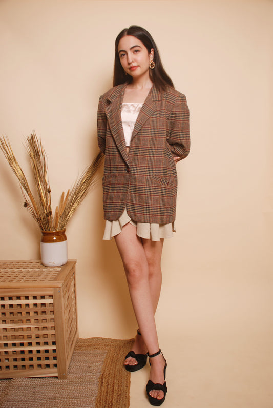 Vintage brown checkered wool blazer